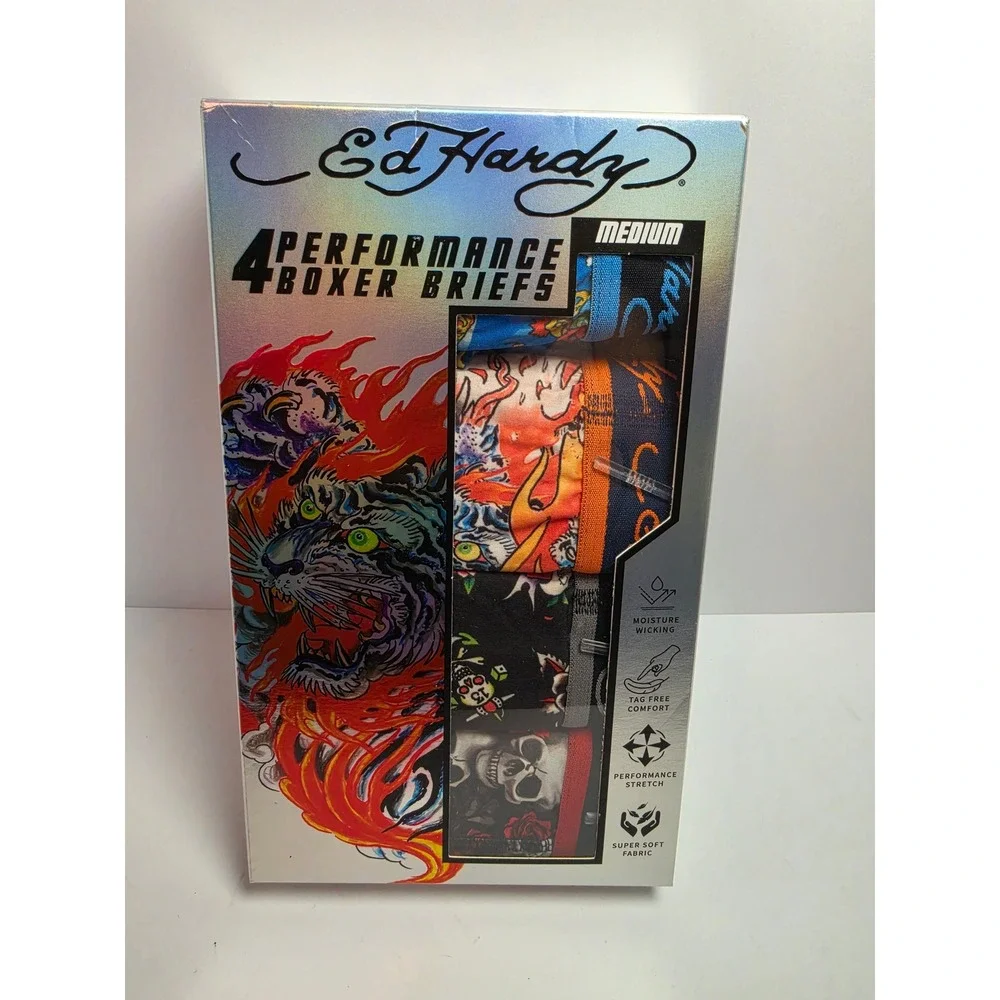 Ed Hardy Mens 4 Pack Performance Boxer Briefs Tattoo Print Skulls Tiger Medium